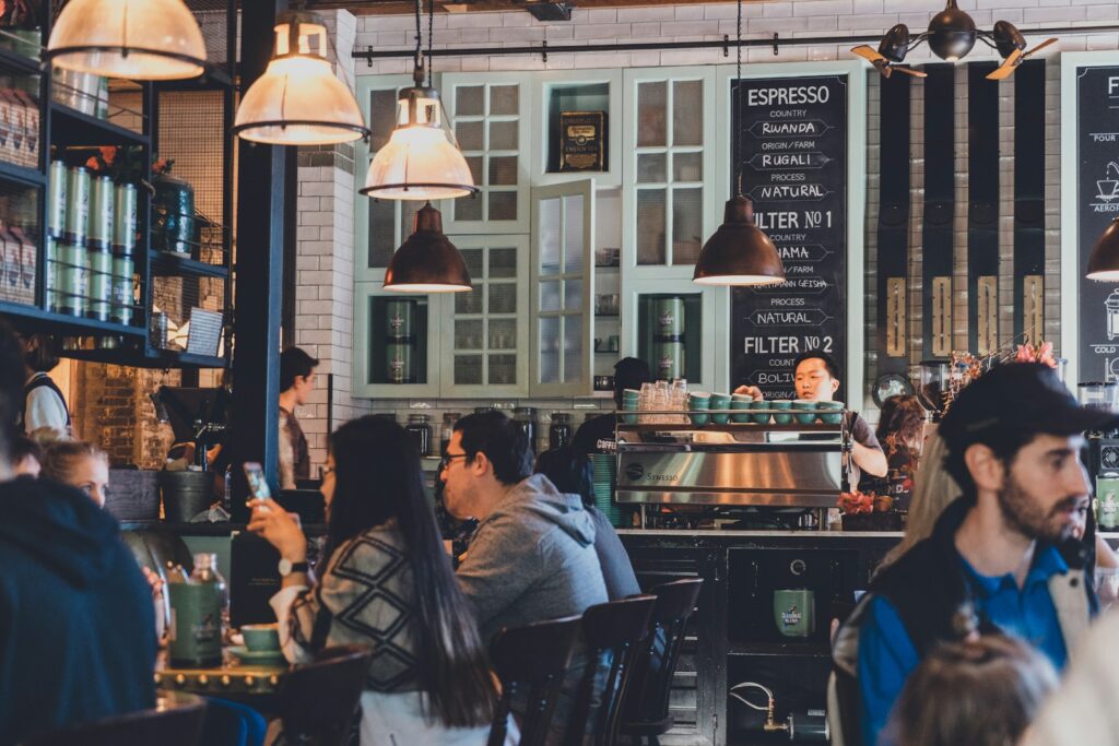 group of people eating on restaurant