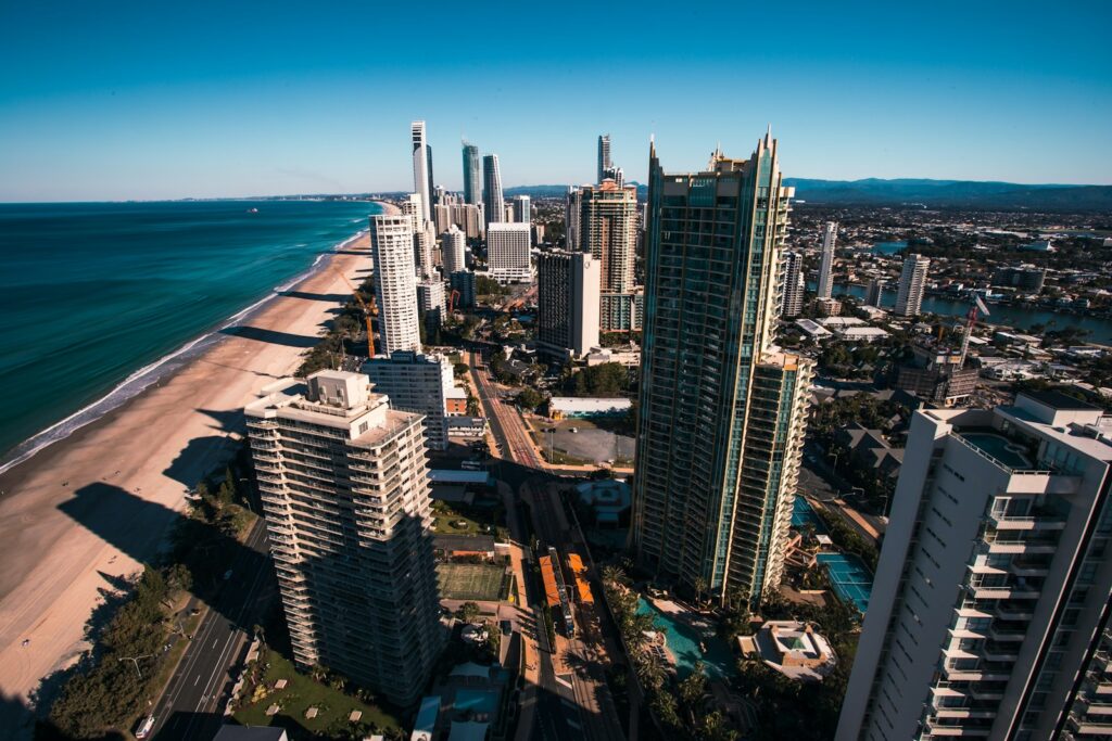 aerial view of city near beach at daytime